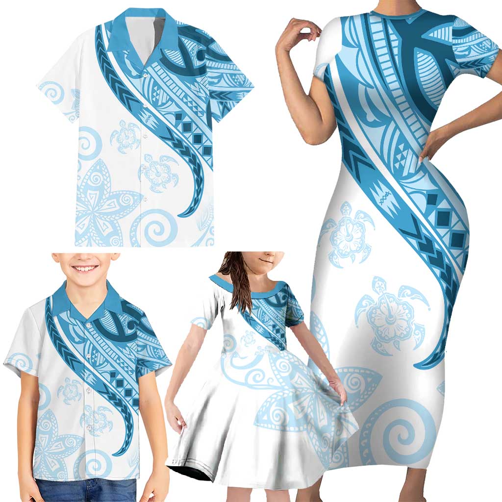 Blue Polynesian Tribal Turtle Floral Pattern Family Matching Short Sleeve Bodycon Dress and Hawaiian Shirt