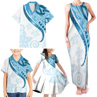 Blue Polynesian Tribal Turtle Floral Pattern Family Matching Tank Maxi Dress and Hawaiian Shirt