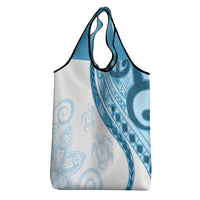Blue Polynesian Tribal Turtle Floral Pattern Grocery Bag