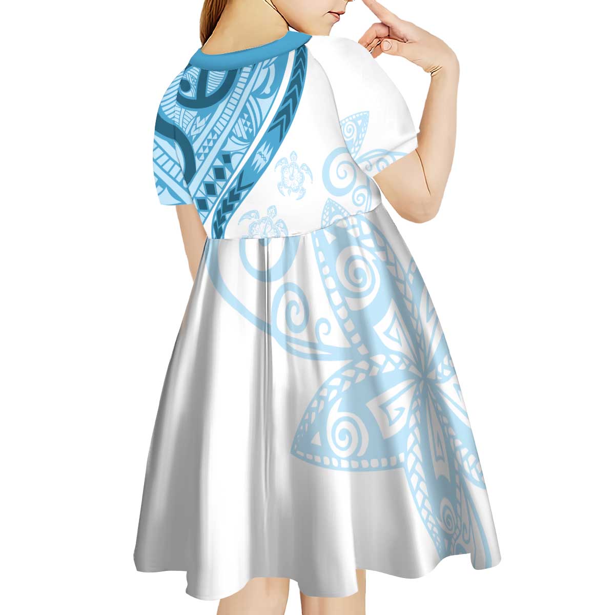Blue Polynesian Tribal Turtle Floral Pattern Kid Short Sleeve Dress