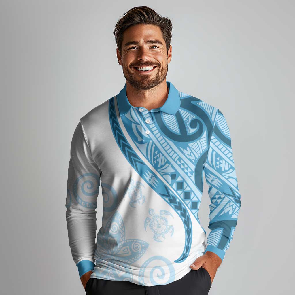 Blue Polynesian Tribal Turtle Floral Pattern Long Sleeve Polo Shirt