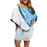Blue Polynesian Tribal Turtle Floral Pattern Off Shoulder Short Dress LT05 Women Blue - Polynesian Pride