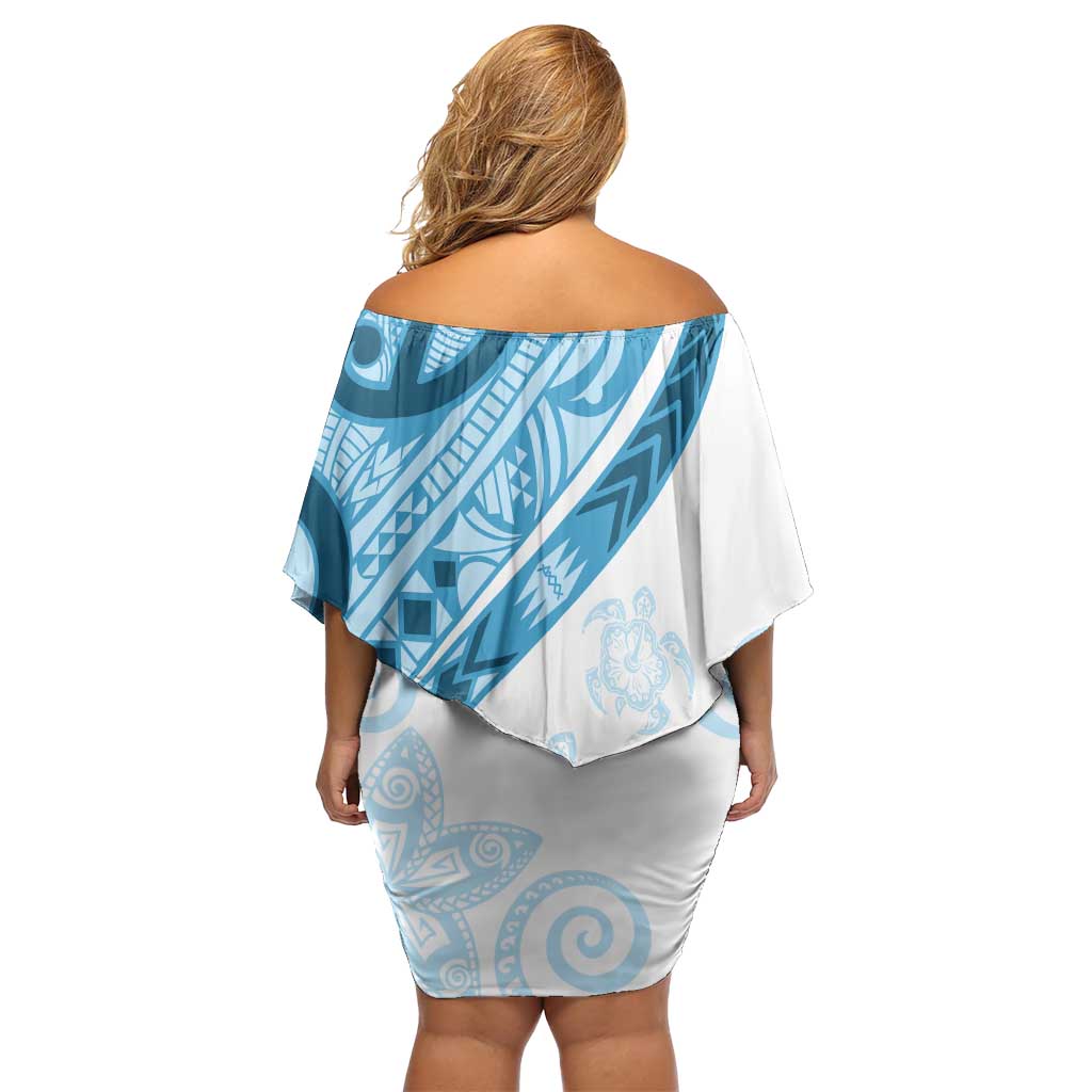 Blue Polynesian Tribal Turtle Floral Pattern Off Shoulder Short Dress LT05 - Polynesian Pride