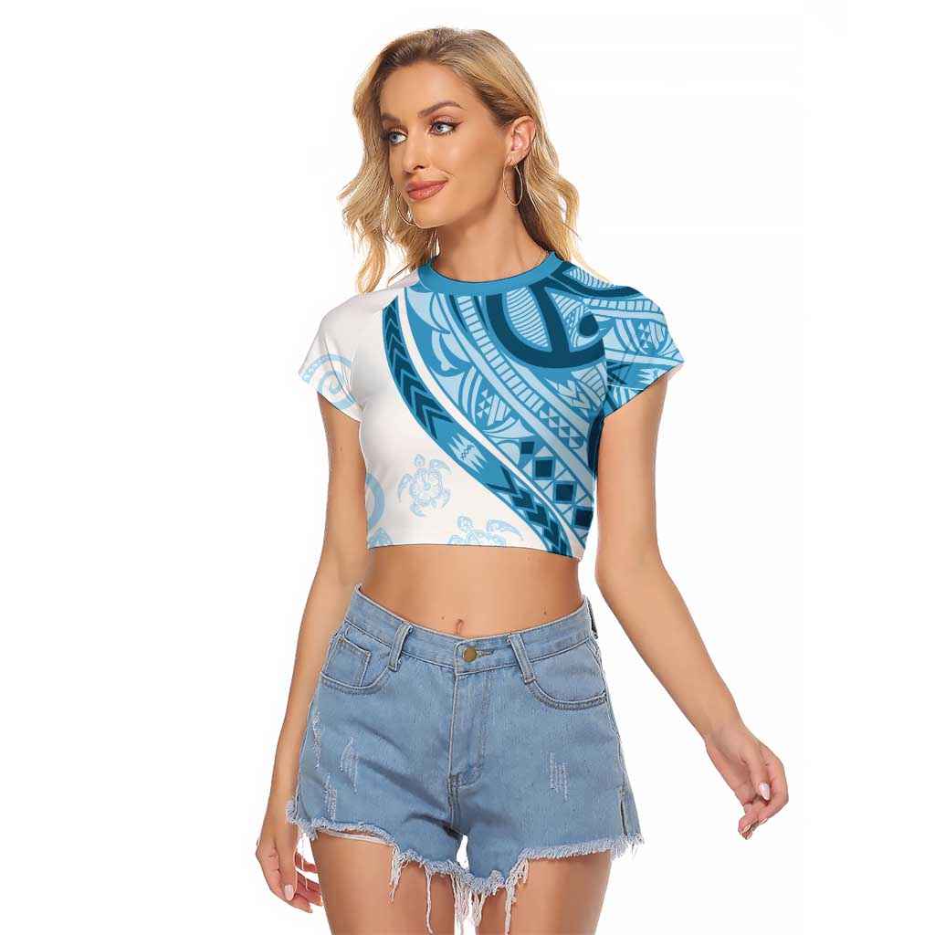 Blue Polynesian Tribal Turtle Floral Pattern Raglan Cropped T Shirt