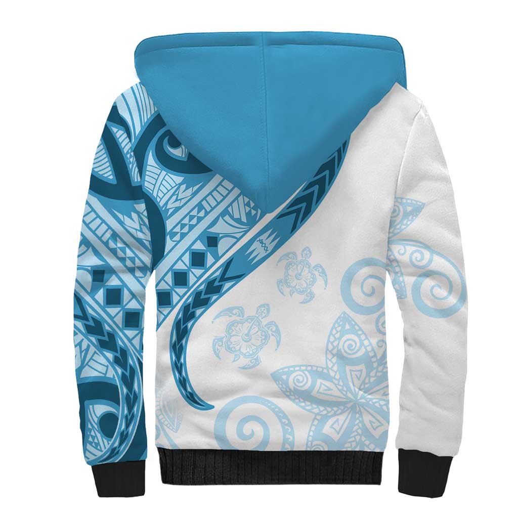 Blue Polynesian Tribal Turtle Floral Pattern Sherpa Hoodie