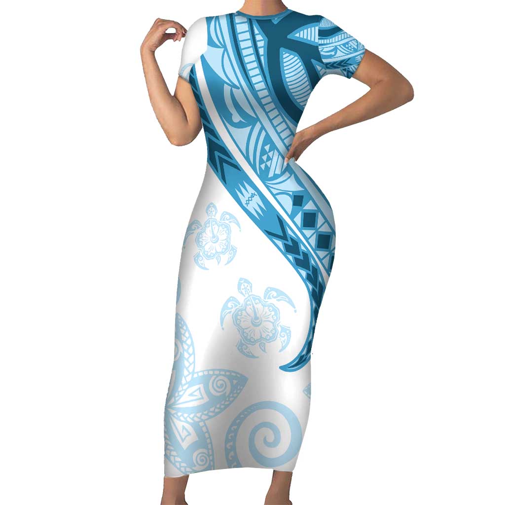 Blue Polynesian Tribal Turtle Floral Pattern Short Sleeve Bodycon Dress LT05 Long Dress Blue - Polynesian Pride