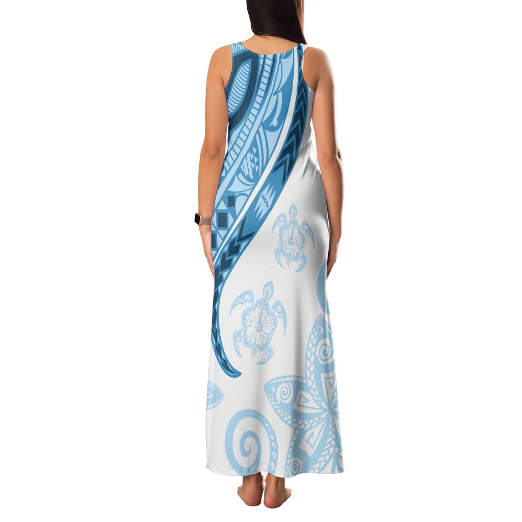 Blue Polynesian Tribal Turtle Floral Pattern Tank Maxi Dress