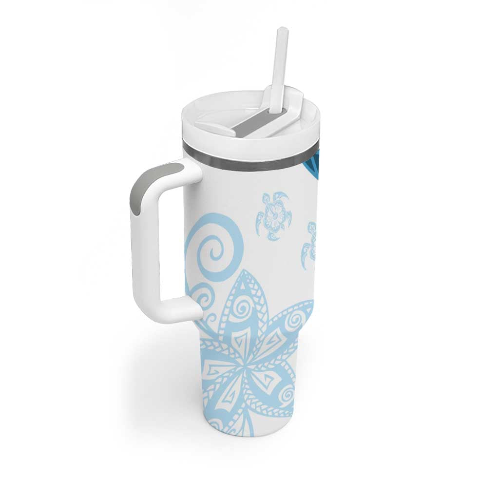 Blue Polynesian Tribal Turtle Floral Pattern Tumbler With Handle