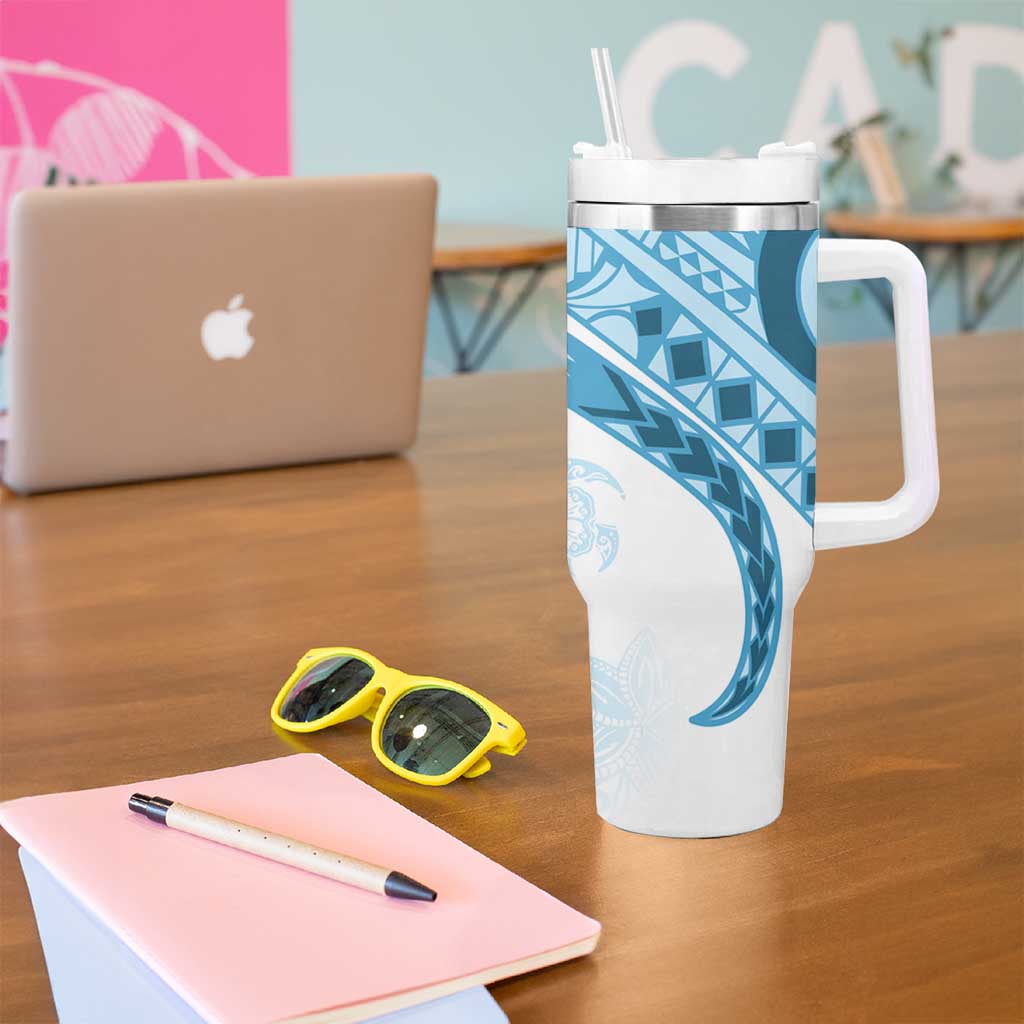 Blue Polynesian Tribal Turtle Floral Pattern Tumbler With Handle