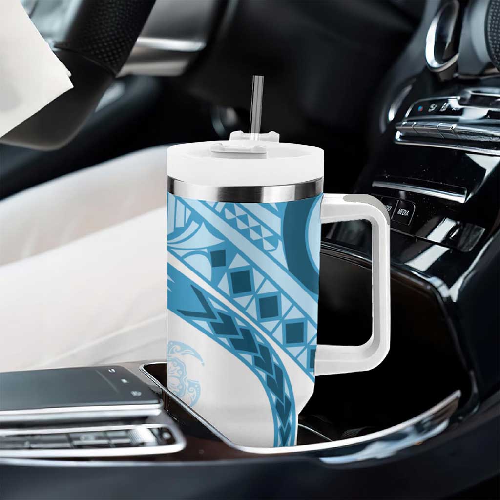 Blue Polynesian Tribal Turtle Floral Pattern Tumbler With Handle