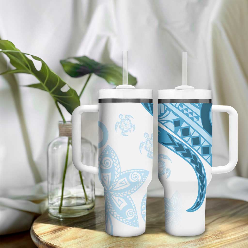 Blue Polynesian Tribal Turtle Floral Pattern Tumbler With Handle