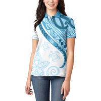 Blue Polynesian Tribal Turtle Floral Pattern Women Polo Shirt