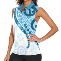 Blue Polynesian Tribal Turtle Floral Pattern Women Sleeveless Polo Shirt LT05 - Polynesian Pride