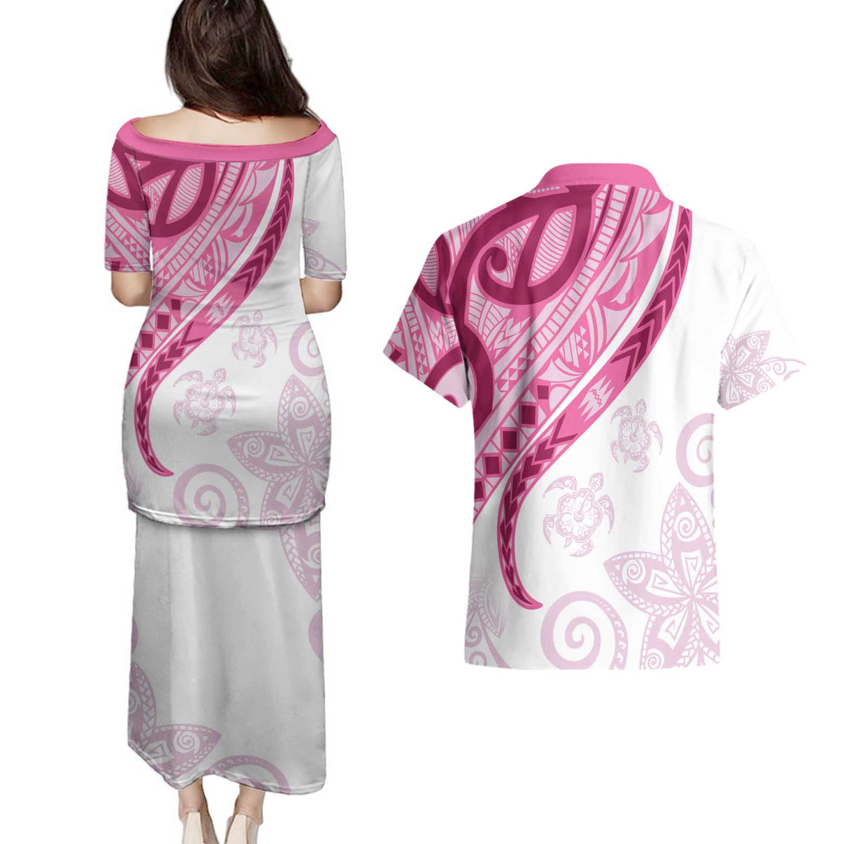 Rose Pink Polynesian Tribal Turtle Floral Pattern Couples Matching Puletasi and Hawaiian Shirt