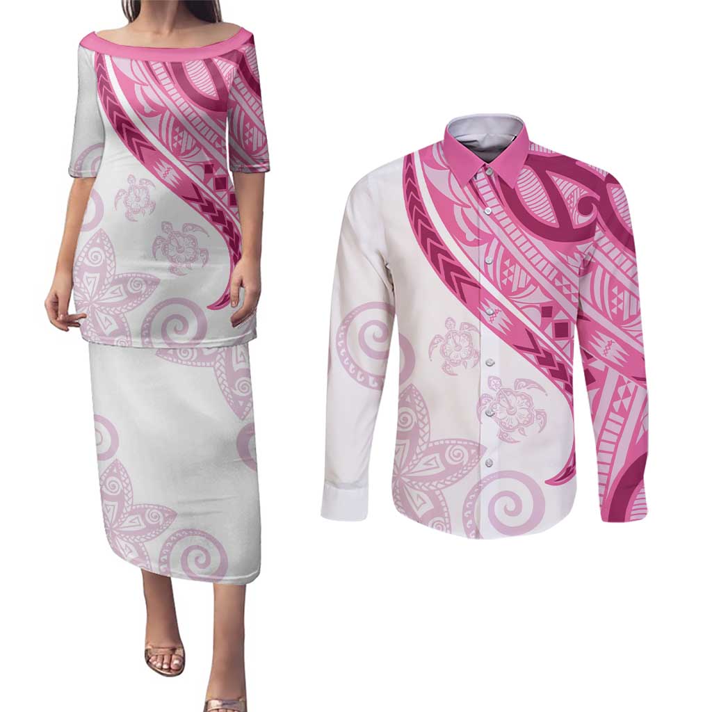 Rose Pink Polynesian Tribal Turtle Floral Pattern Couples Matching Puletasi and Long Sleeve Button Shirt LT05 Pink - Polynesian Pride