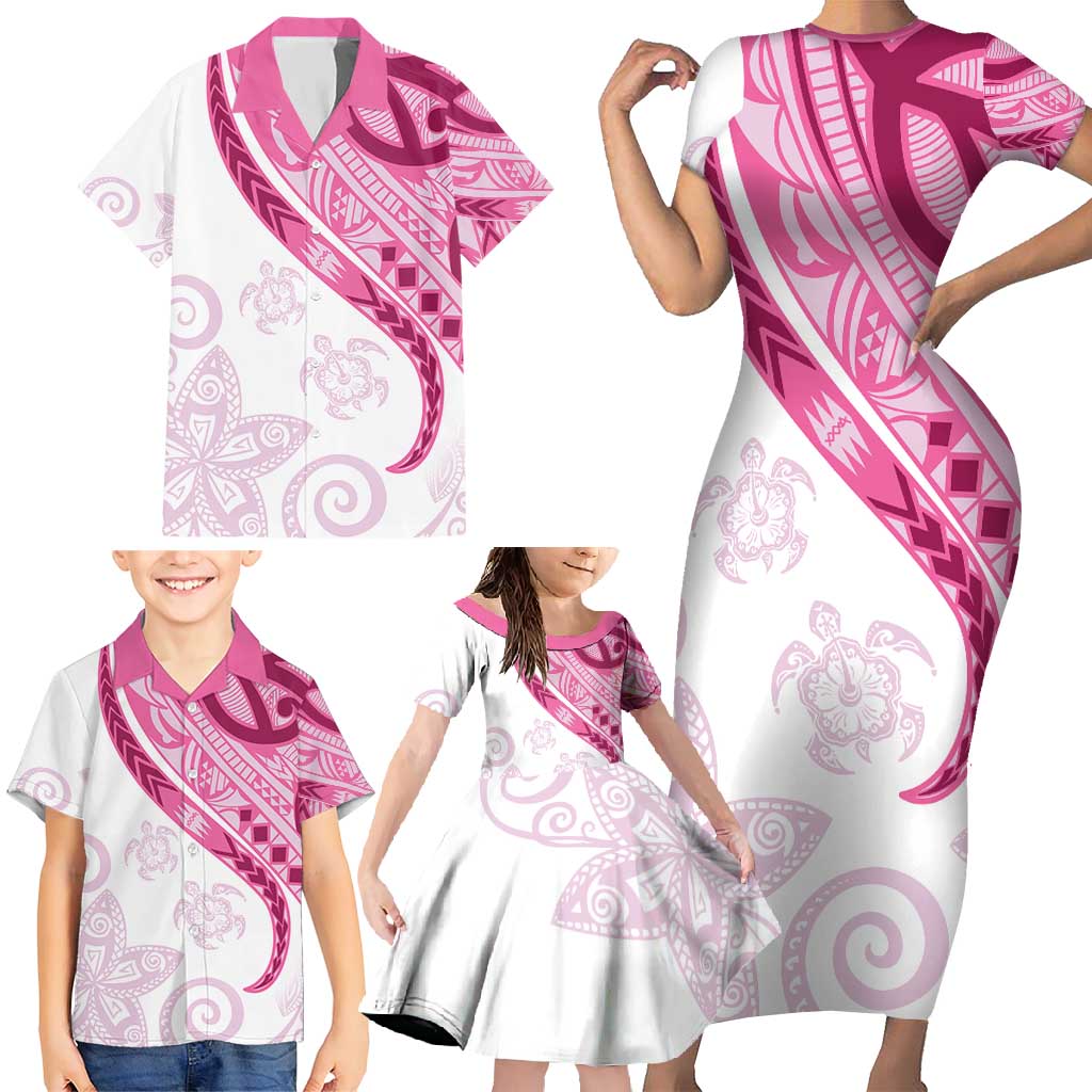 Rose Pink Polynesian Tribal Turtle Floral Pattern Family Matching Short Sleeve Bodycon Dress and Hawaiian Shirt