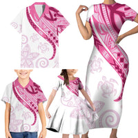 Rose Pink Polynesian Tribal Turtle Floral Pattern Family Matching Short Sleeve Bodycon Dress and Hawaiian Shirt