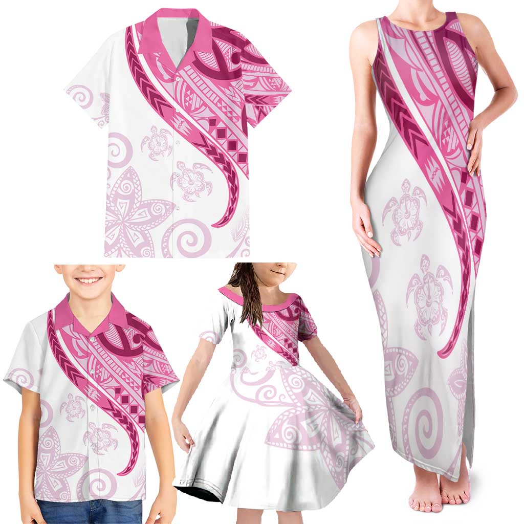 Rose Pink Polynesian Tribal Turtle Floral Pattern Family Matching Tank Maxi Dress and Hawaiian Shirt