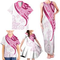 Rose Pink Polynesian Tribal Turtle Floral Pattern Family Matching Tank Maxi Dress and Hawaiian Shirt
