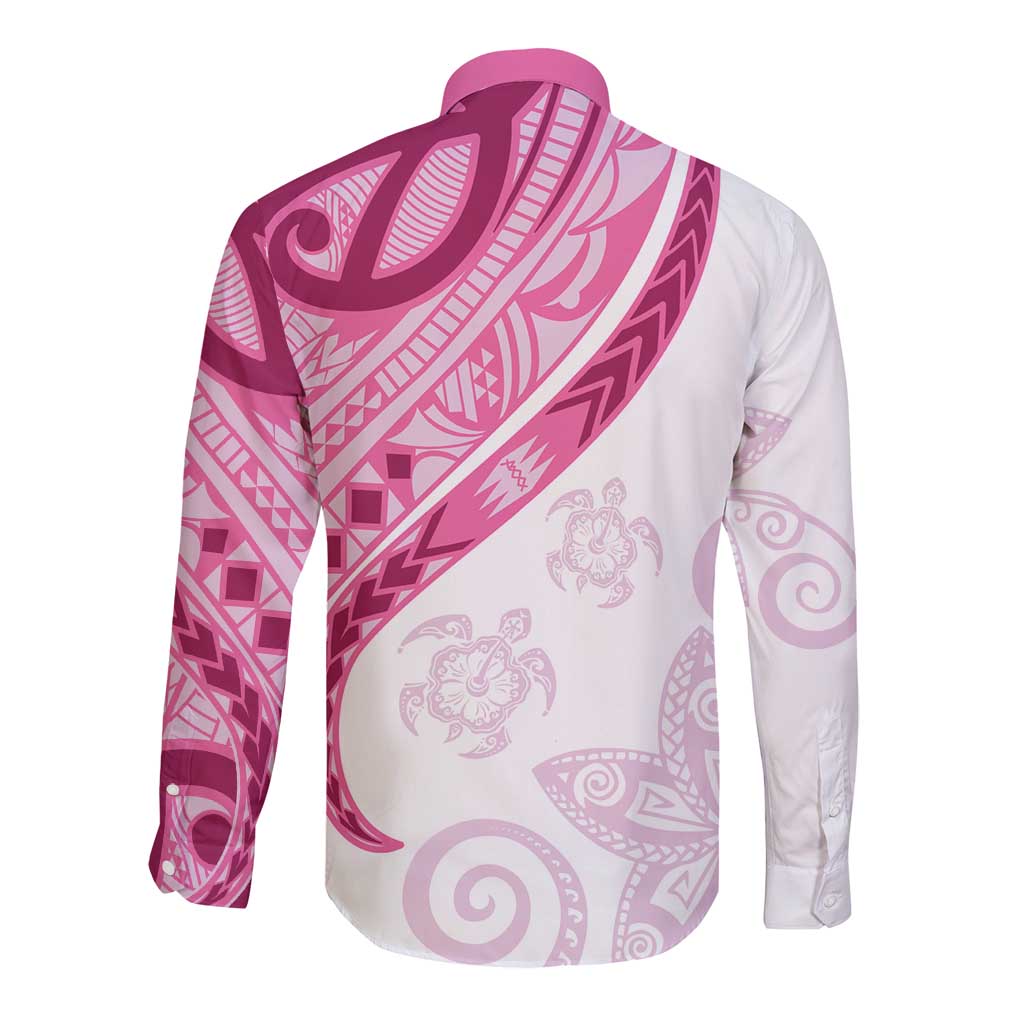 Rose Pink Polynesian Tribal Turtle Floral Pattern Long Sleeve Button Shirt