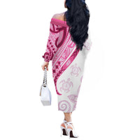 Rose Pink Polynesian Tribal Turtle Floral Pattern Off The Shoulder Long Sleeve Dress LT05 - Polynesian Pride