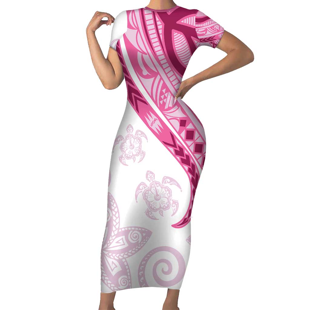 Rose Pink Polynesian Tribal Turtle Floral Pattern Short Sleeve Bodycon Dress LT05 Long Dress Pink - Polynesian Pride