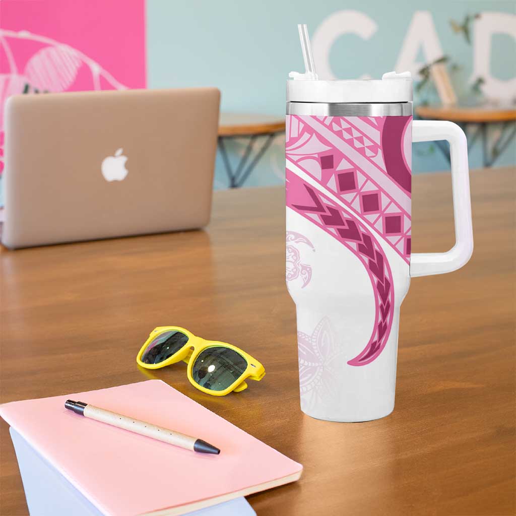 Rose Pink Polynesian Tribal Turtle Floral Pattern Tumbler With Handle