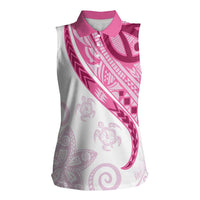 Rose Pink Polynesian Tribal Turtle Floral Pattern Women Sleeveless Polo Shirt