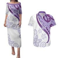 Purple Polynesian Tribal Turtle Floral Pattern Couples Matching Puletasi and Hawaiian Shirt