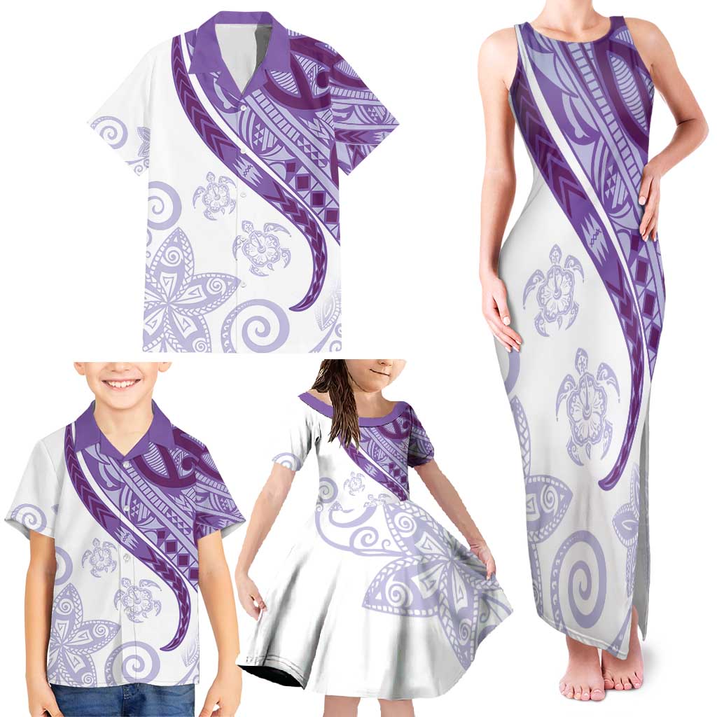 Purple Polynesian Tribal Turtle Floral Pattern Family Matching Tank Maxi Dress and Hawaiian Shirt