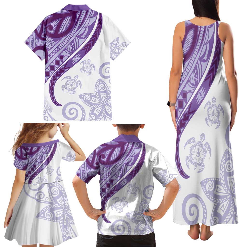 Purple Polynesian Tribal Turtle Floral Pattern Family Matching Tank Maxi Dress and Hawaiian Shirt