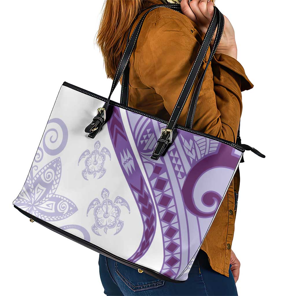 Purple Polynesian Tribal Turtle Floral Pattern Leather Tote Bag