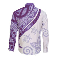 Purple Polynesian Tribal Turtle Floral Pattern Long Sleeve Button Shirt