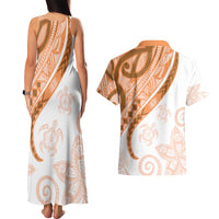 Orange Polynesian Tribal Turtle Floral Pattern Couples Matching Tank Maxi Dress and Hawaiian Shirt