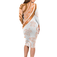 Orange Polynesian Tribal Turtle Floral Pattern Family Matching Long Sleeve Bodycon Dress and Hawaiian Shirt