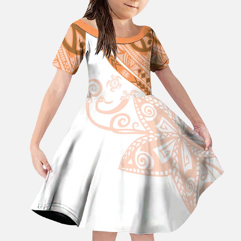 Orange Polynesian Tribal Turtle Floral Pattern Family Matching Off Shoulder Maxi Dress and Hawaiian Shirt