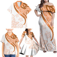Orange Polynesian Tribal Turtle Floral Pattern Family Matching Off Shoulder Maxi Dress and Hawaiian Shirt