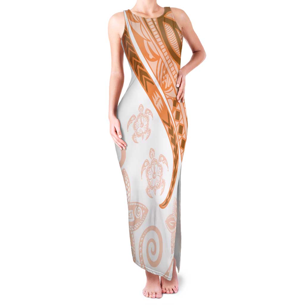 Orange Polynesian Tribal Turtle Floral Pattern Family Matching Tank Maxi Dress and Hawaiian Shirt