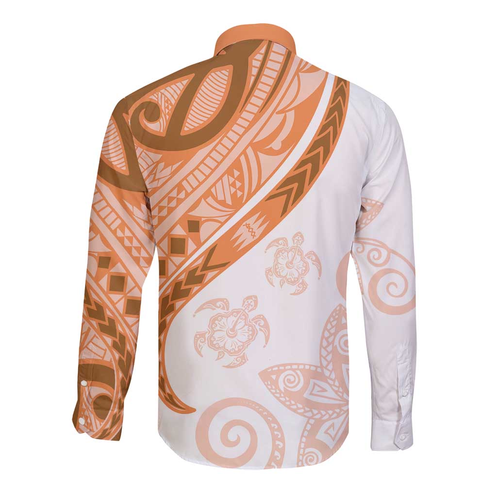 Orange Polynesian Tribal Turtle Floral Pattern Long Sleeve Button Shirt