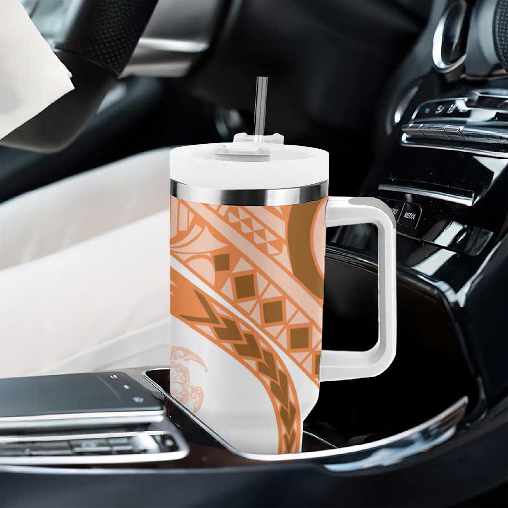 Orange Polynesian Tribal Turtle Floral Pattern Tumbler With Handle