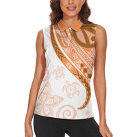 Orange Polynesian Tribal Turtle Floral Pattern Women Sleeveless Polo Shirt LT05 - Polynesian Pride