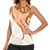 Orange Polynesian Tribal Turtle Floral Pattern Women Sleeveless Polo Shirt LT05 - Polynesian Pride