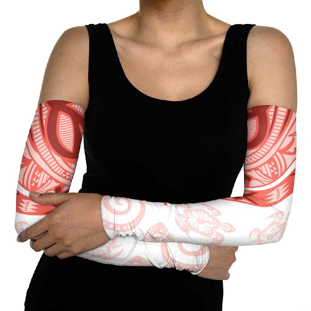 Coral Red Polynesian Tribal Turtle Floral Pattern Arm Sleeves - Polynesian Pride