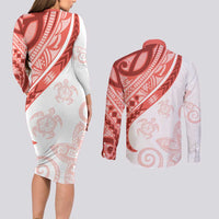 Coral Red Polynesian Tribal Turtle Floral Pattern Couples Matching Long Sleeve Bodycon Dress and Long Sleeve Button Shirt