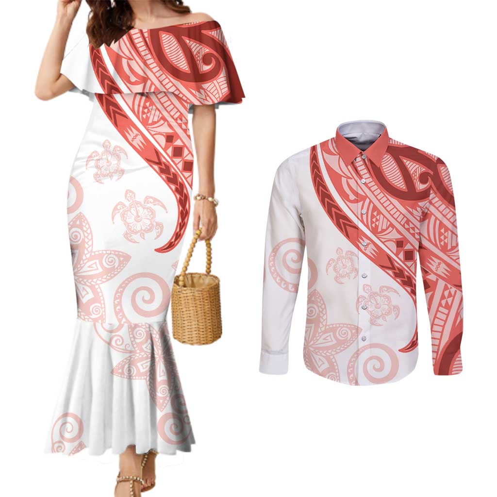Coral Red Polynesian Tribal Turtle Floral Pattern Couples Matching Mermaid Dress and Long Sleeve Button Shirt