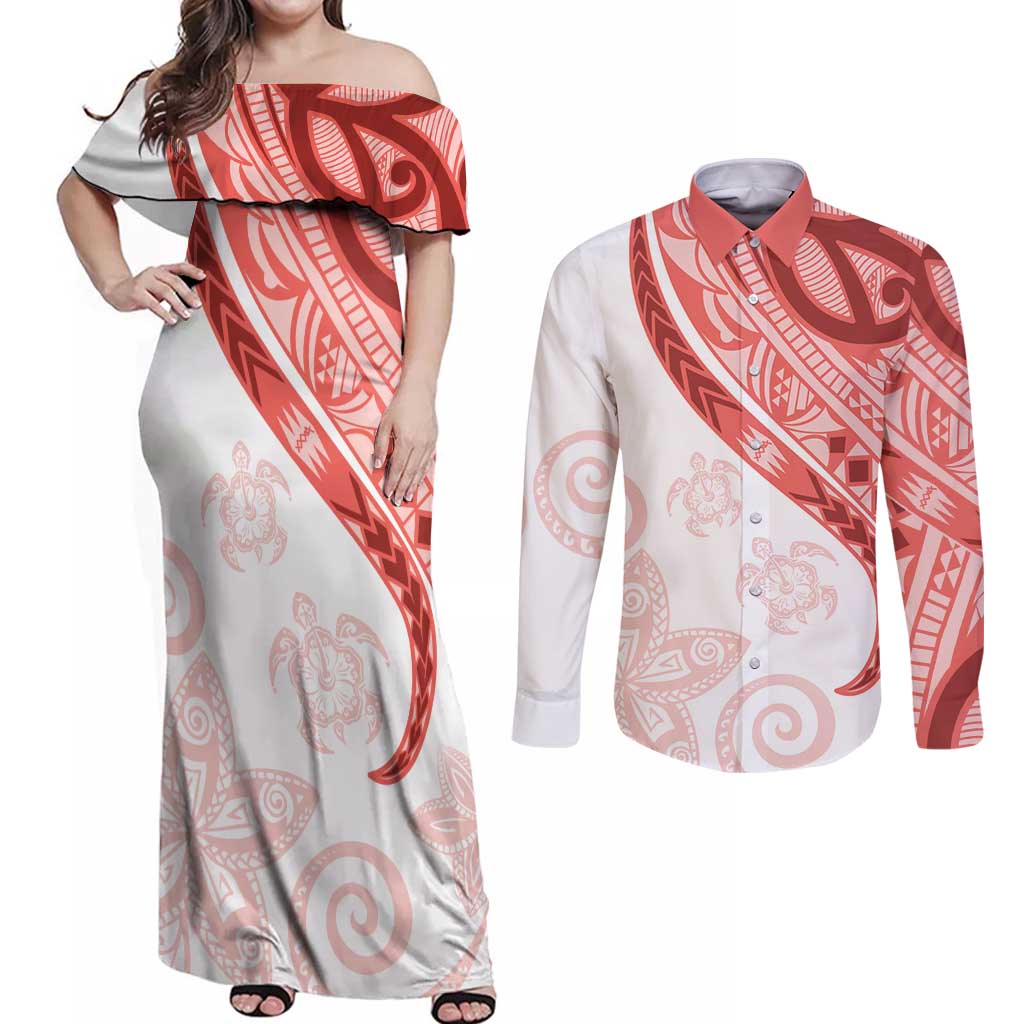 Coral Red Polynesian Tribal Turtle Floral Pattern Couples Matching Off Shoulder Maxi Dress and Long Sleeve Button Shirt