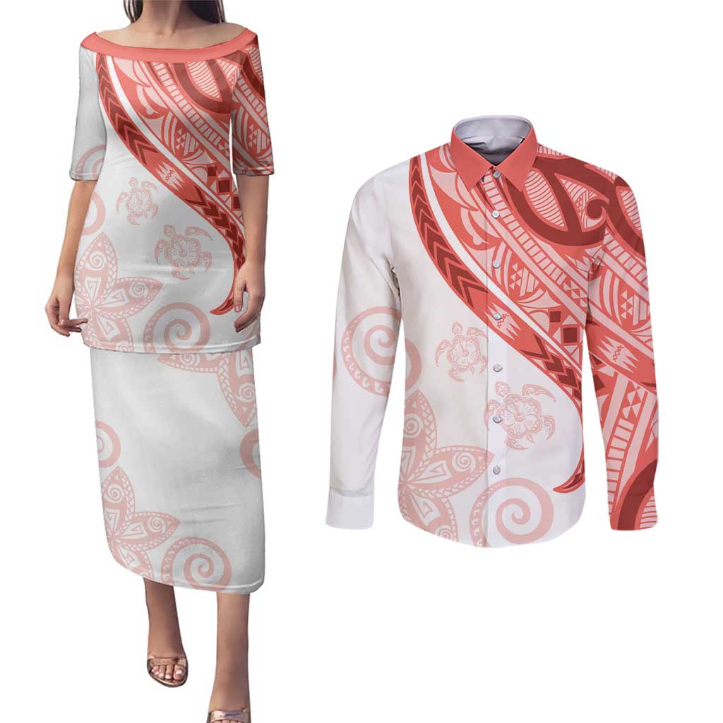 Coral Red Polynesian Tribal Turtle Floral Pattern Couples Matching Puletasi and Long Sleeve Button Shirt