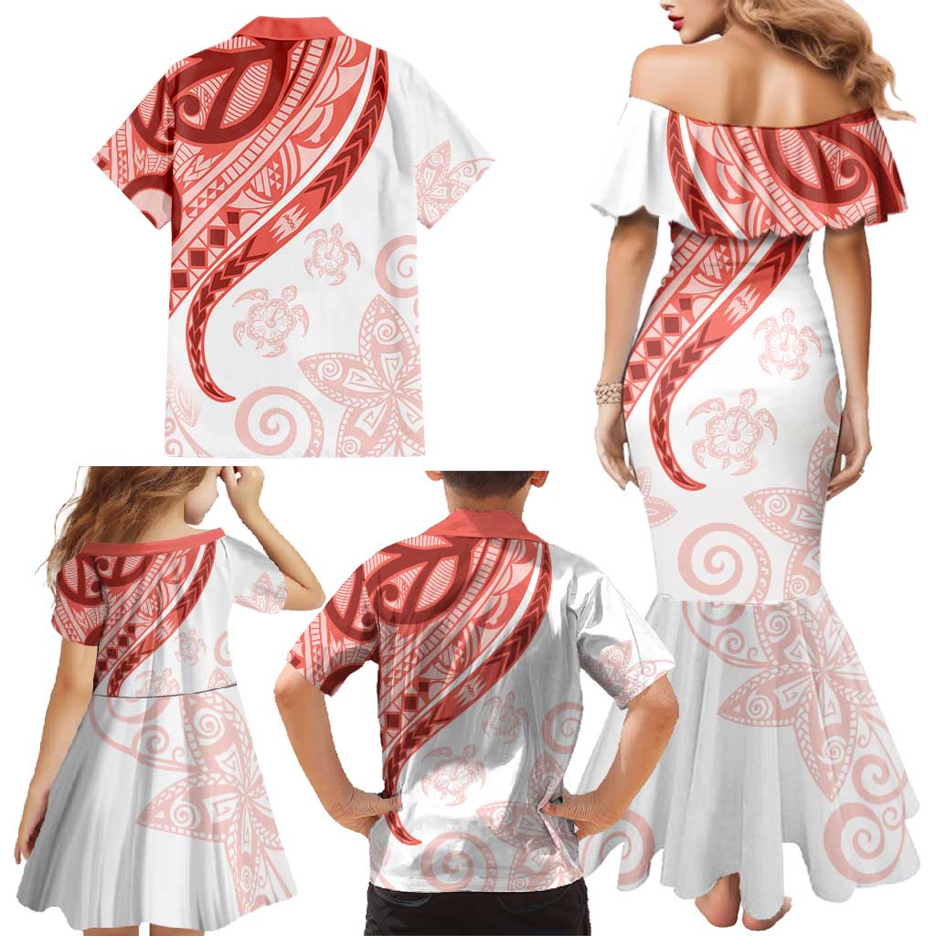 Coral Red Polynesian Tribal Turtle Floral Pattern Family Matching Mermaid Dress and Hawaiian Shirt