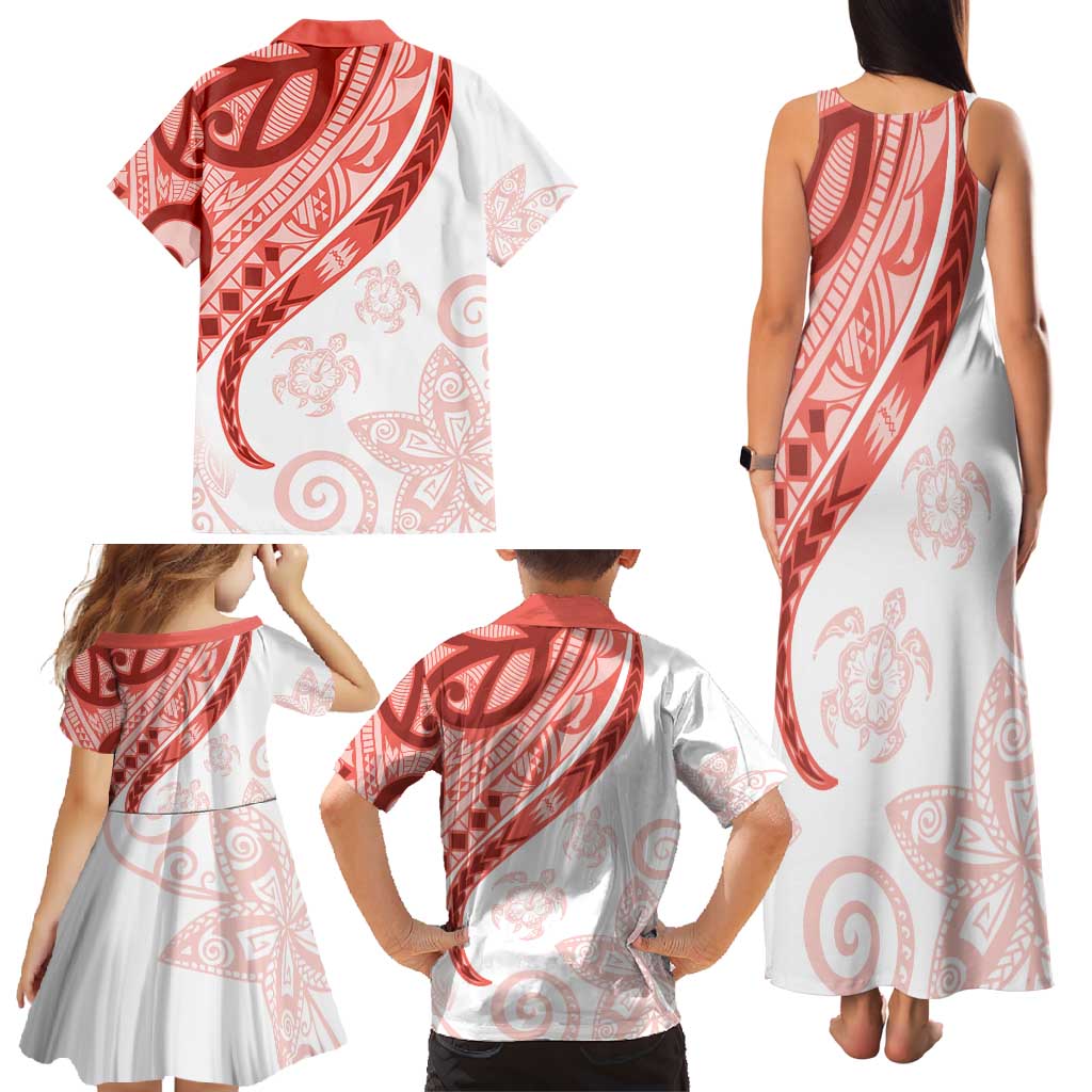 Coral Red Polynesian Tribal Turtle Floral Pattern Family Matching Tank Maxi Dress and Hawaiian Shirt