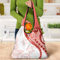 Coral Red Polynesian Tribal Turtle Floral Pattern Grocery Bag